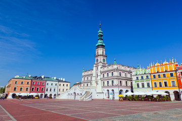Fototapeta na wymiar Zamosc, Poland. Historic buildings with the town hall.