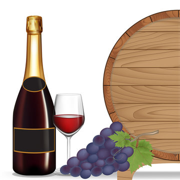 Bottle wine,Grape,Glass wine and wooden barrel ,Vector illustrat