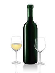 White wine bottle and two wine glass on white