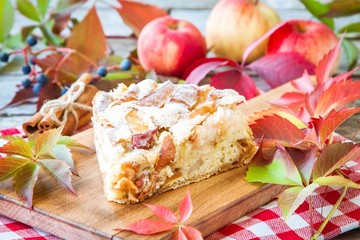 piece of apple pie on a wooden background