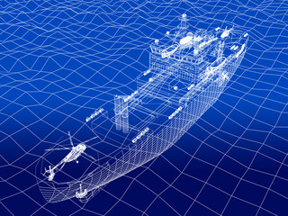 warship 3d wire frame on water