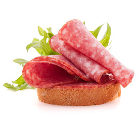sandwich with salami sausage on white background  cutout