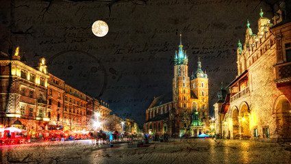 Kraków nocą w stylu retro. - obrazy, fototapety, plakaty