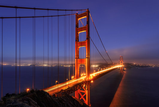 Golden Gate bridge night illumination, San Francisco, California, USA