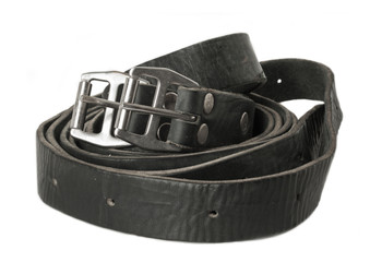 old leather Stirrup isolated at white. close up