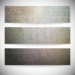 Set of horizontal banners. Microchip backgrounds, electronics