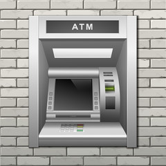 ATM Bank Cash Machine on a Brick Wall Background