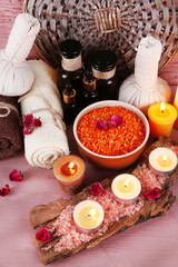 Composition with spa treatment on wooden background