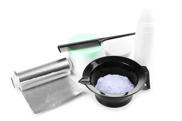 Hairdresser accessories for coloring hair, isolated on white