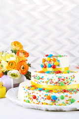 Beautiful tasty birthday cake on light background