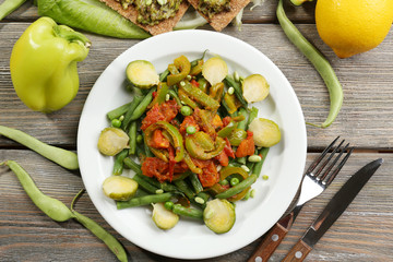 Healthy salad with peas and asparagus served