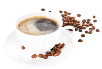 Cup of coffee with milk and coffee beans isolated on white