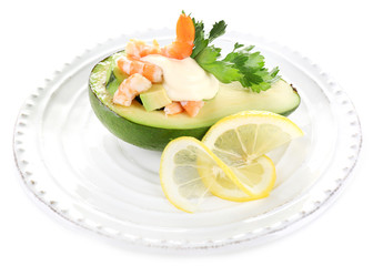 Tasty salad with shrimps and avocado, isolated on white