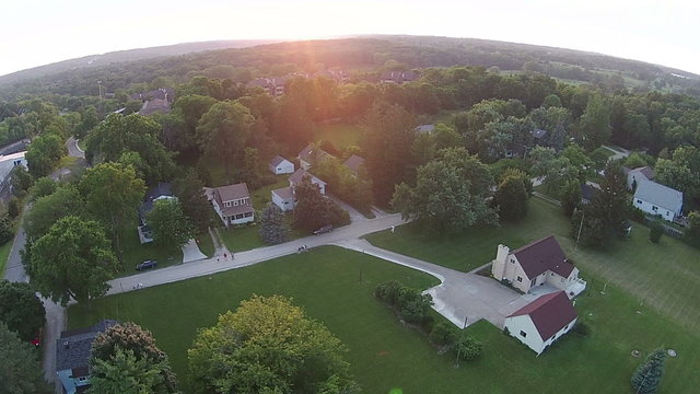 Sunset over Ann Arbor, MI USA Midwest small town aerial view