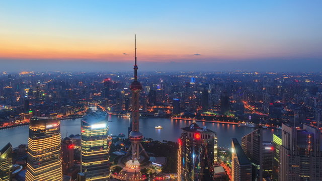 Panning Timelapse: China Shanghai Skyline, Day to Night.