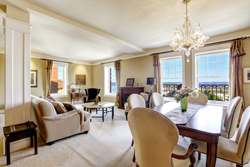 Apartment interior with city view through the window