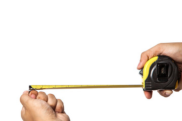 man hand holding a metallic tape measure isolated on a white bac