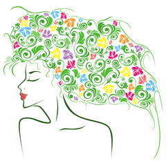Female contour with colourful floral elements
