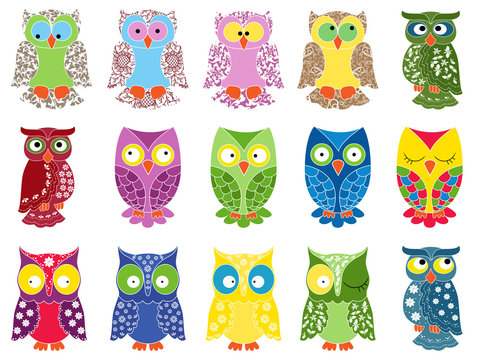 Set of fifteen colourful owls