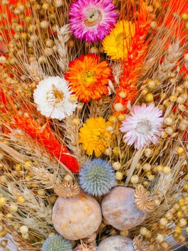 Closeup of a bouquet of colorful dried flowers