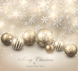 Winter background with golden christmas balls.