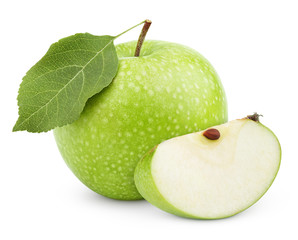 Ripe green apple with leaf and slice isolated on white