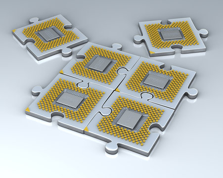 Puzzle made of fantasy CPU. Conceptual technology illustration
