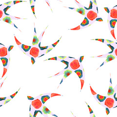 Seamless background with swallows and watercolor blots. Vector i