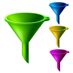 Set of multicolored bright funnels isolated on white background.