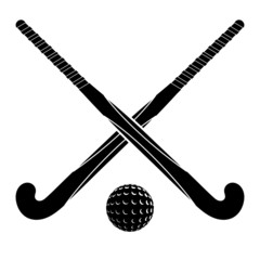 Two black silhouettes sticks for field hockey and ball on a whit
