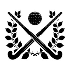 Black silhouette of two sticks for field hockey and ball with a