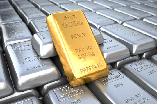 Silver ingot and  gold bullion. Finance illustration