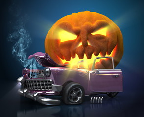 Giant monster pumpkin crushed a car. Halloween 3d illustration