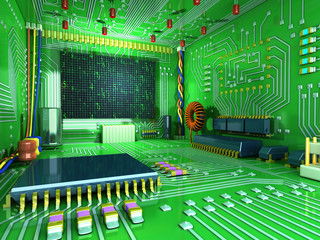 Fantasy digital room. Futuristic home inside.