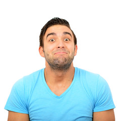 Obraz premium Portrait of clueless man against white background