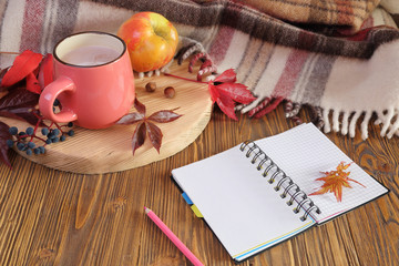 Autumn still life with a cup of cocoa.