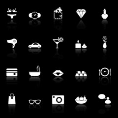 Lady related item icons with reflect on black background