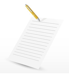 White paper with pen isolated on white