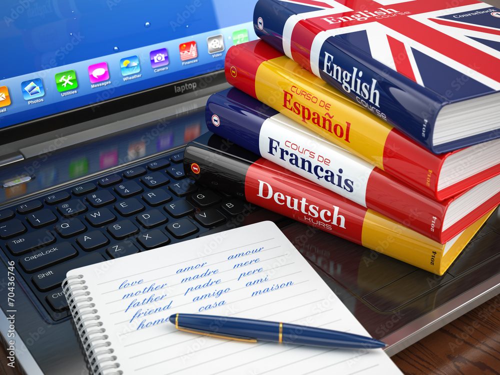 Poster e-learning. learning languages online. dictionaries on laptop.