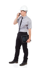 Engineer using walkie talkie.