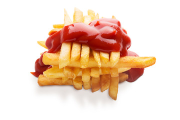 French fries and ketchup isolated on white