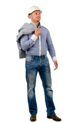 Fototapeta premium Workman or builder pointing up to blank copyspace
