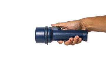 Hand holding flashlight over white background - concepts of sear