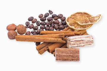 coffee beans, cinnamon and lemon
