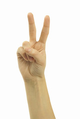 Woman's hand holding up two fingers