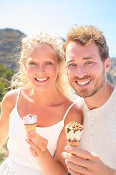 Ice Cream - Happy Couple Eating Ice Cream Cone