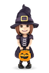 3D render of a girl wearing Halloween witch costume
