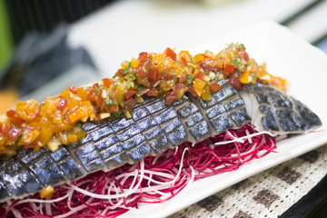 saba shashimi with salsa.