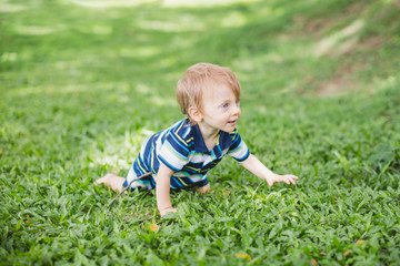 Cute little baby in summer park on the grass. Sweet baby outdoor