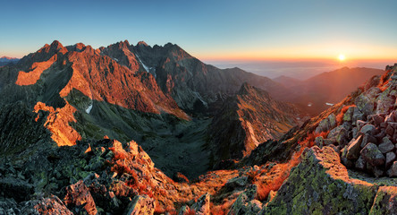 Mountain sunset panorama from peak - Slovakia Tatras - obrazy, fototapety, plakaty